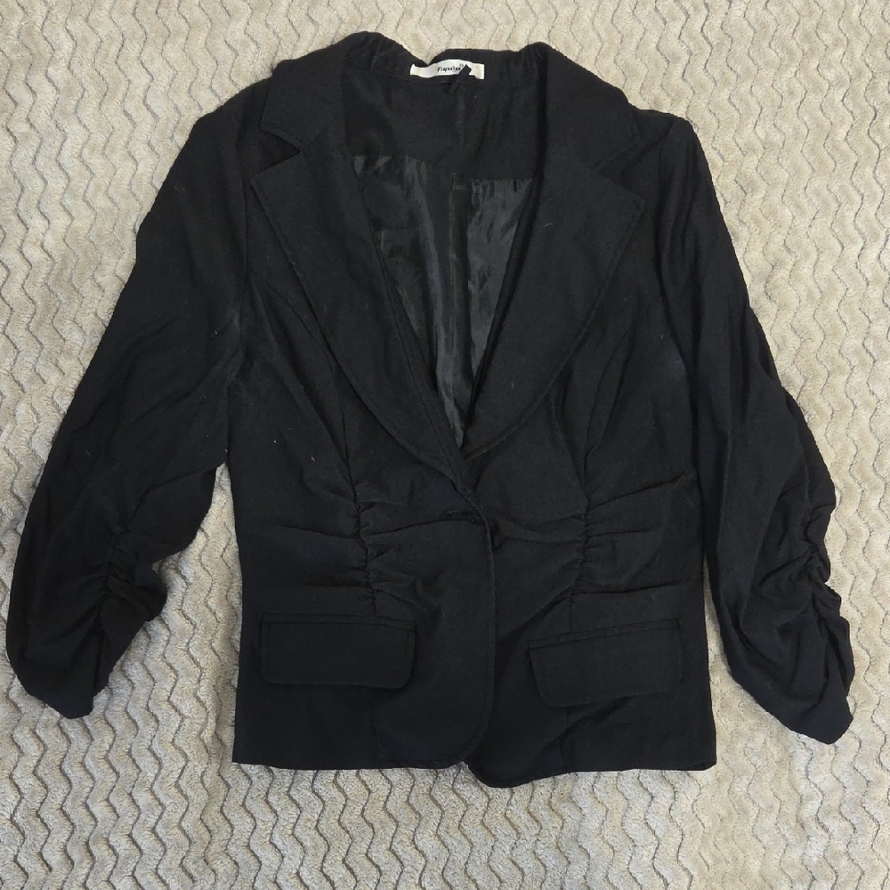 Papaya Black Blazer with Ruched Sleeves and Notched Lapels